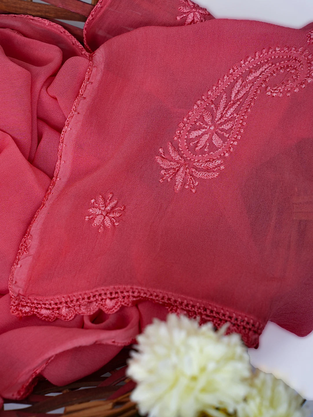 Ada Hand Embroidered Carrot Pink Georgette Lucknowi Chikankari Stole A511197