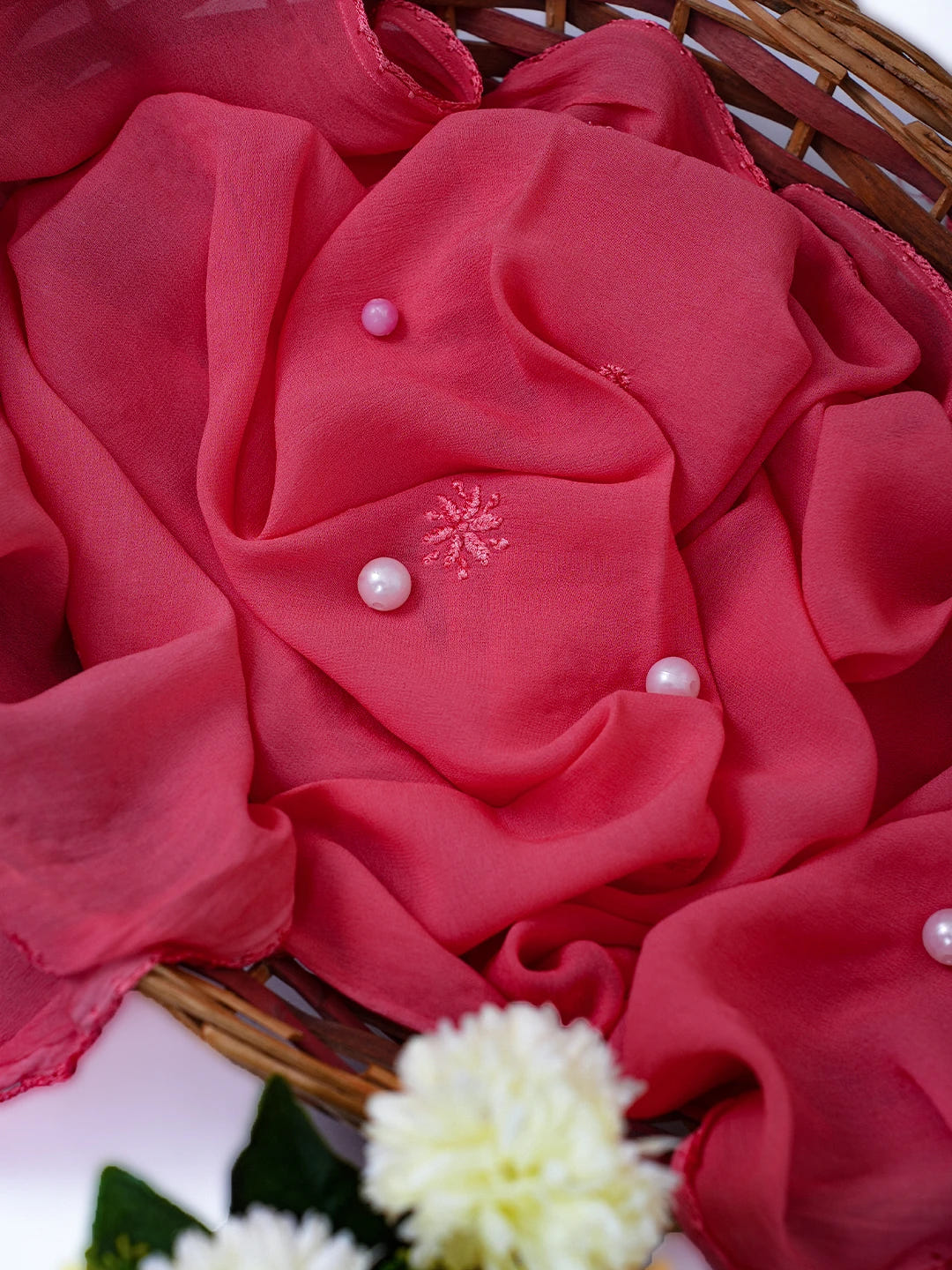 Ada Hand Embroidered Carrot Pink Georgette Lucknowi Chikankari Stole A511197