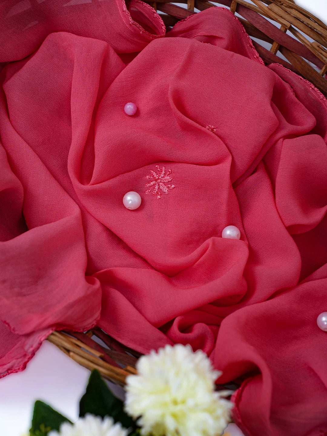 Ada Hand Embroidered Carrot Pink Georgette Lucknowi Chikankari Stole A511197