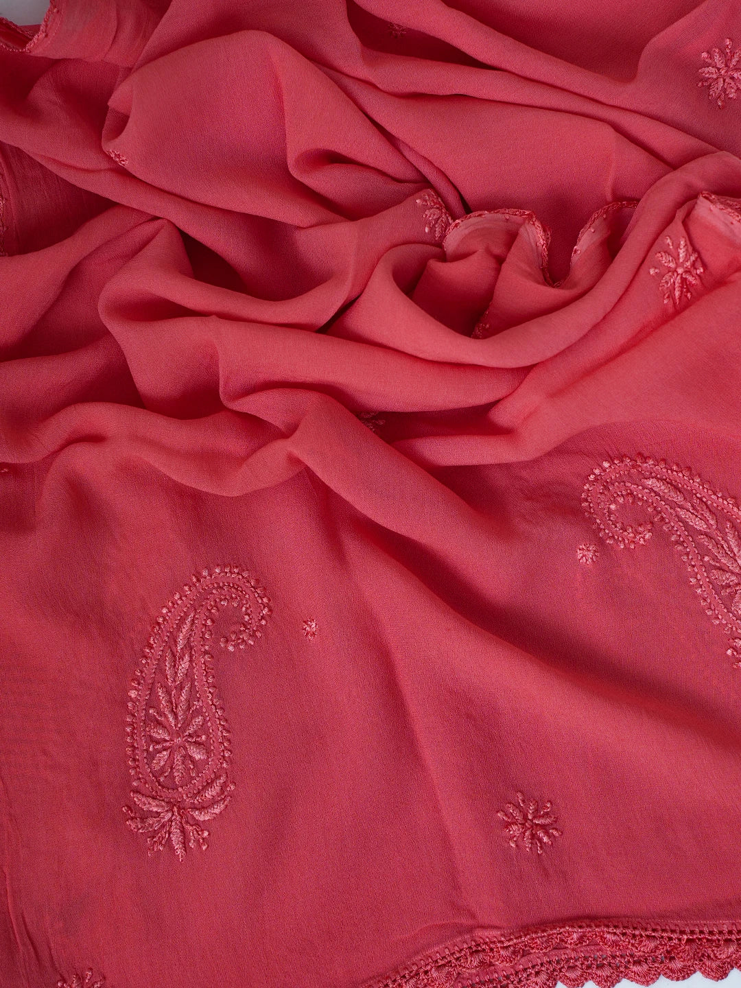 Ada Hand Embroidered Carrot Pink Georgette Lucknowi Chikankari Stole A511197
