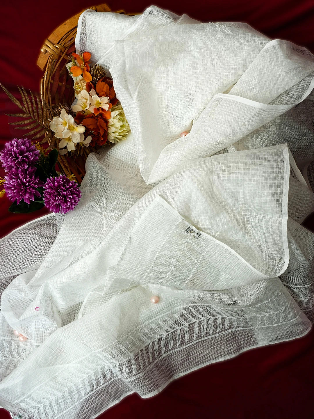 Ada Hand Embroidered White Kota Lucknowi Chikankari Dupatta A511221