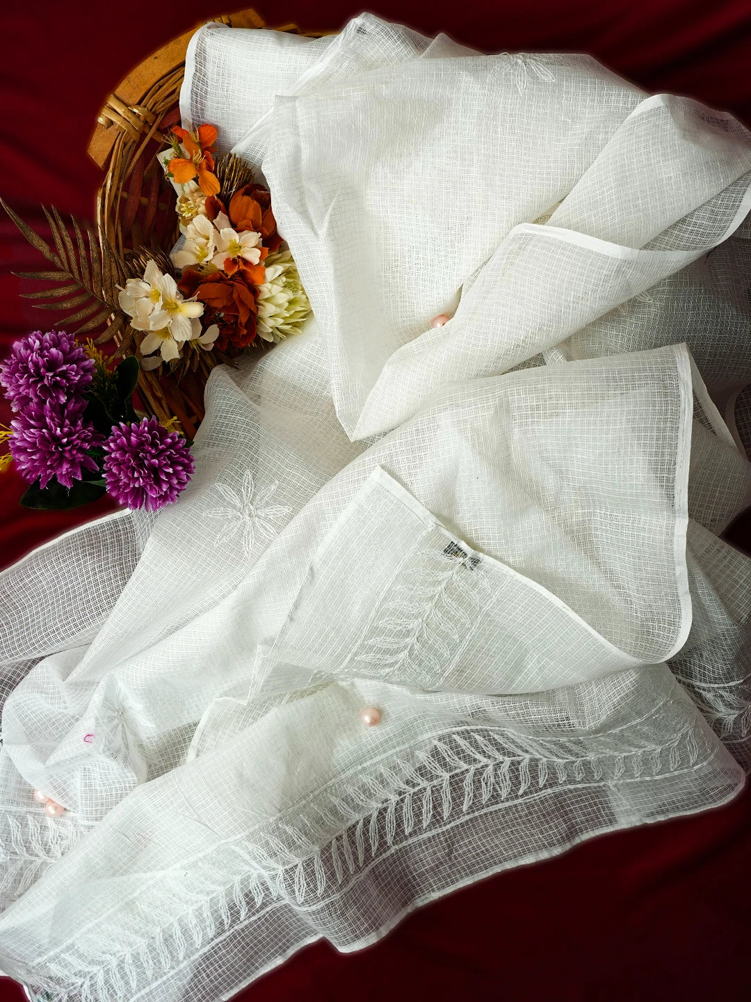 Ada Hand Embroidered White Kota Lucknowi Chikankari Dupatta A511221