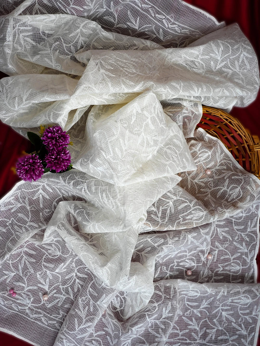 Ada Hand Embroidered White Kota Lucknowi Chikankari Dupatta A511222