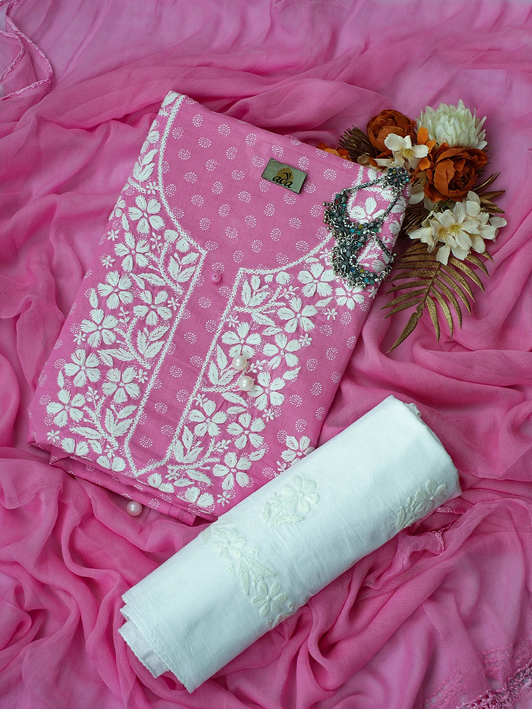 Ada Hand Embroidered Pink Cotton Lucknowi Chikankari Unstitched Suit Piece A211233