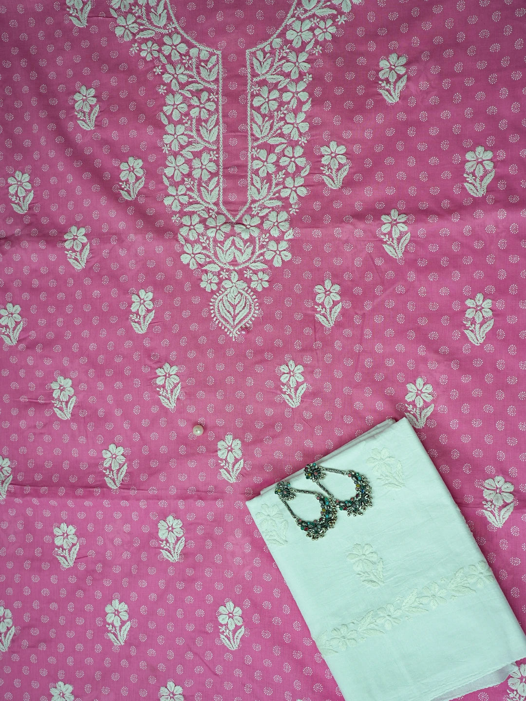 Ada Hand Embroidered Pink Cotton Lucknowi Chikankari Unstitched Suit Piece A211233