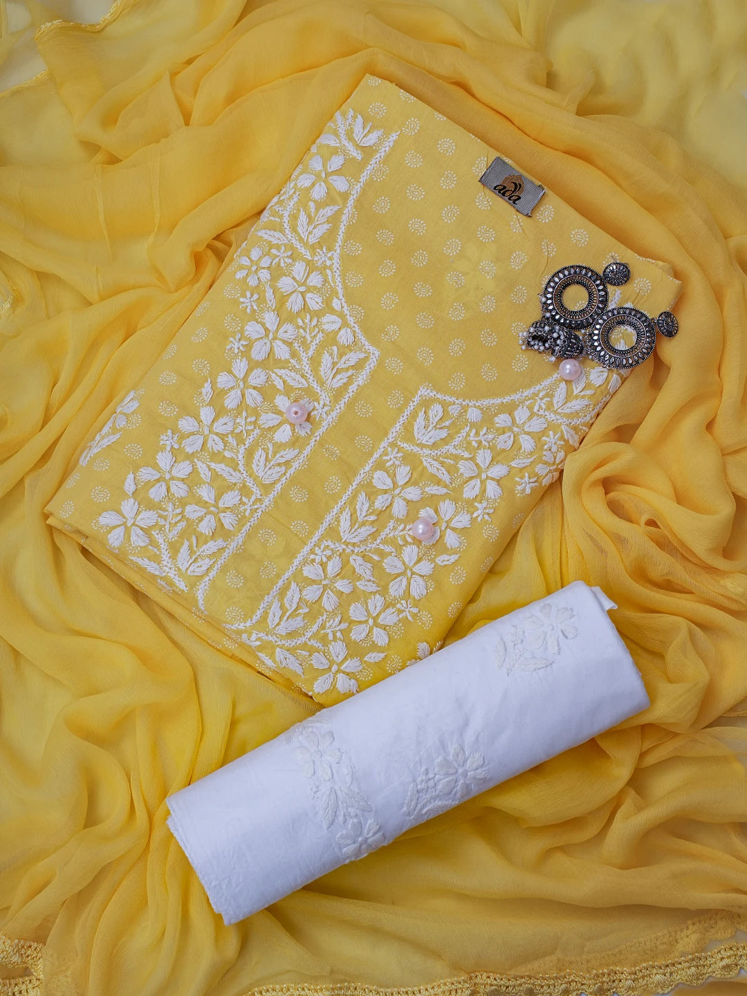 Ada Hand Embroidered Yellow Cotton Lucknowi Chikankari Unstitched Suit Piece A211235