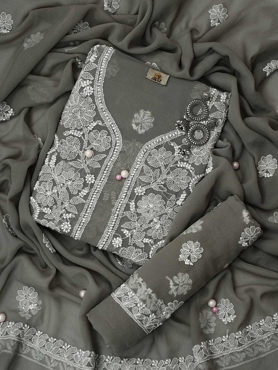 Ada Hand Embroidered Grey Georgette Lucknowi Chikankari Unstitched Suit Piece A211246