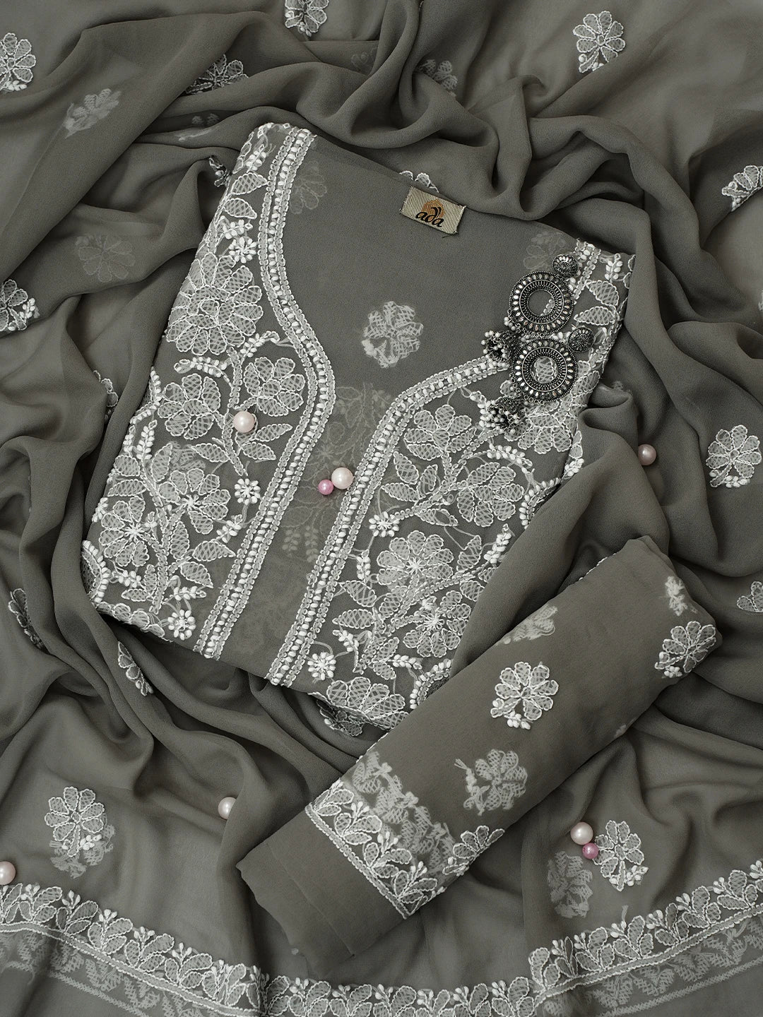Ada Hand Embroidered Grey Georgette Lucknowi Chikankari Unstitched Suit Piece A211246