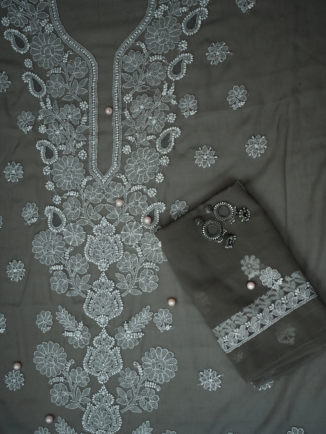 Ada Hand Embroidered Grey Georgette Lucknowi Chikankari Unstitched Suit Piece A211246