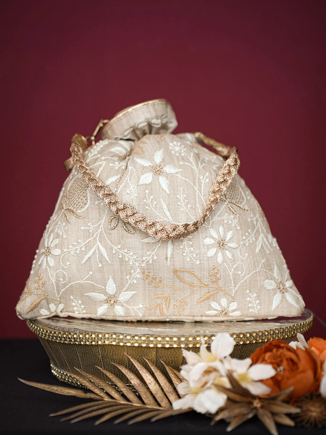 Ada Hand Embroidered Fawn Silk Lucknowi Chikankari Potli Bag With Zari Work 01A718860