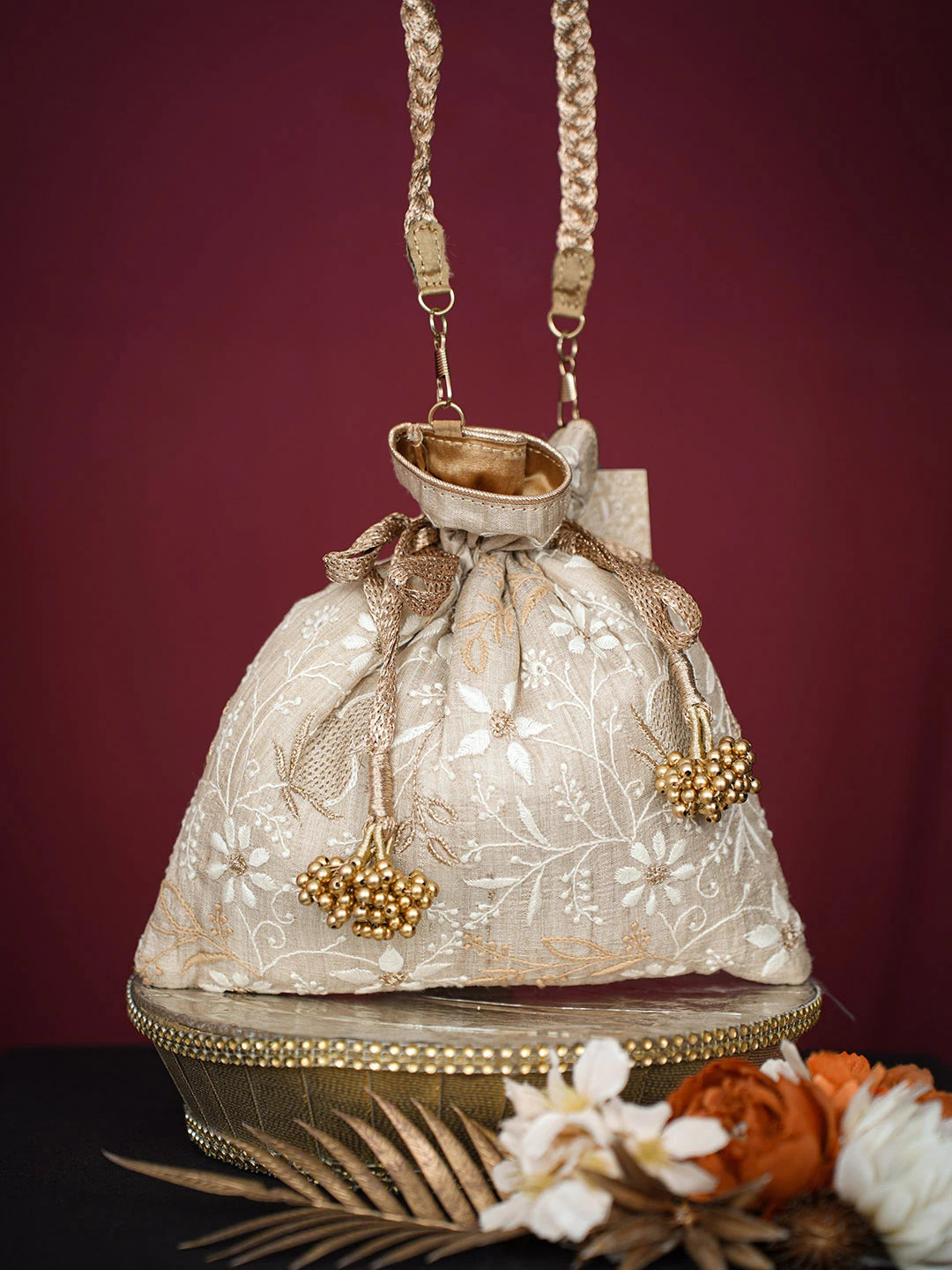 Ada Hand Embroidered Fawn Silk Lucknowi Chikankari Potli Bag With Zari Work 01A718860