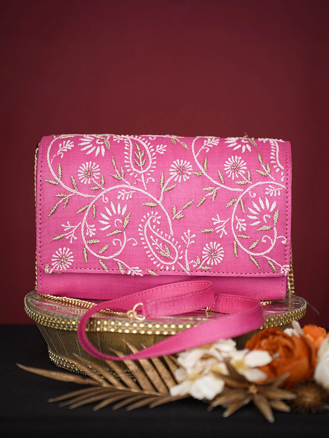 Ada Hand Embroidered Magenta Silk Lucknowi Chikankari Clutch With Zari Work 01A729644