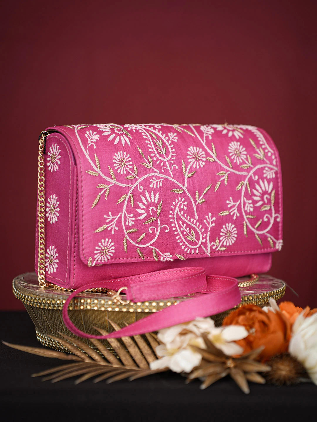 Ada Hand Embroidered Magenta Silk Lucknowi Chikankari Clutch With Zari Work 01A729644
