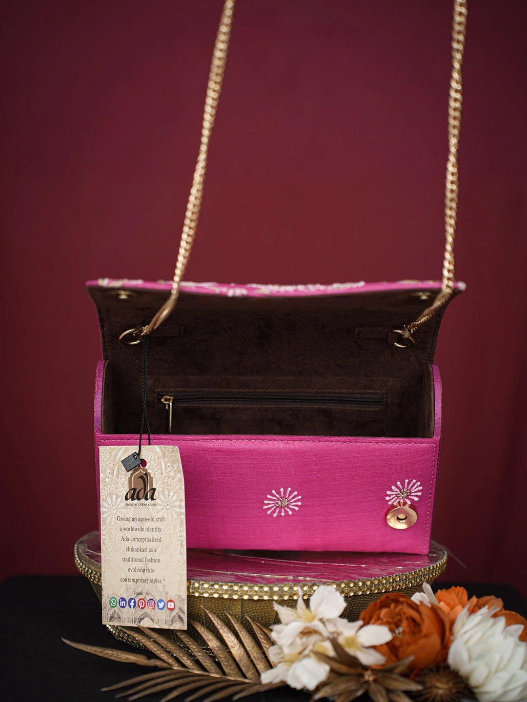 Ada Hand Embroidered Magenta Silk Lucknowi Chikankari Clutch With Zari Work 01A729644