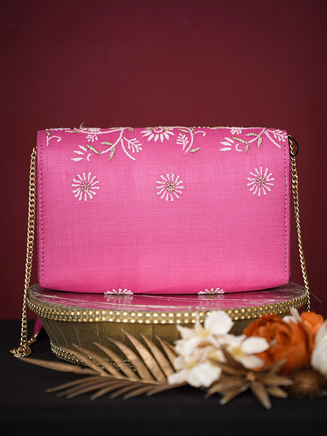 Ada Hand Embroidered Magenta Silk Lucknowi Chikankari Clutch With Zari Work 01A729644