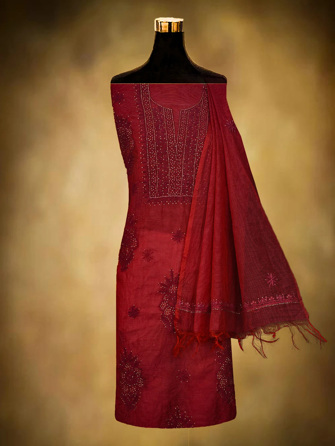Ada Hand Embroidered Red Super Net Lucknowi Chikankari Unstitched Kurta Dupatta Set With Mukaish Work 01A605402