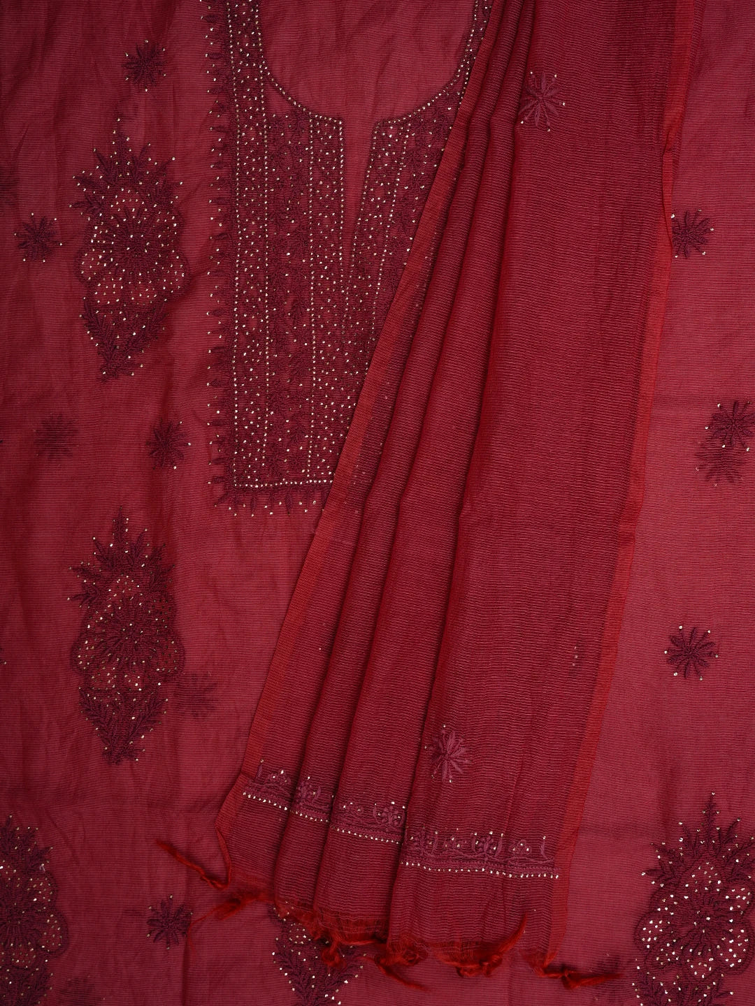 Ada Hand Embroidered Red Super Net Lucknowi Chikankari Unstitched Kurta Dupatta Set With Mukaish Work 01A605402