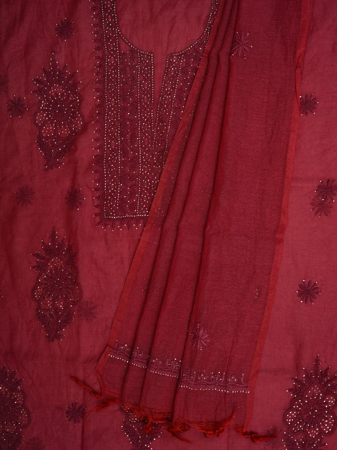 Ada Hand Embroidered Red Super Net Lucknowi Chikankari Unstitched Kurta Dupatta Set With Mukaish Work 01A605402