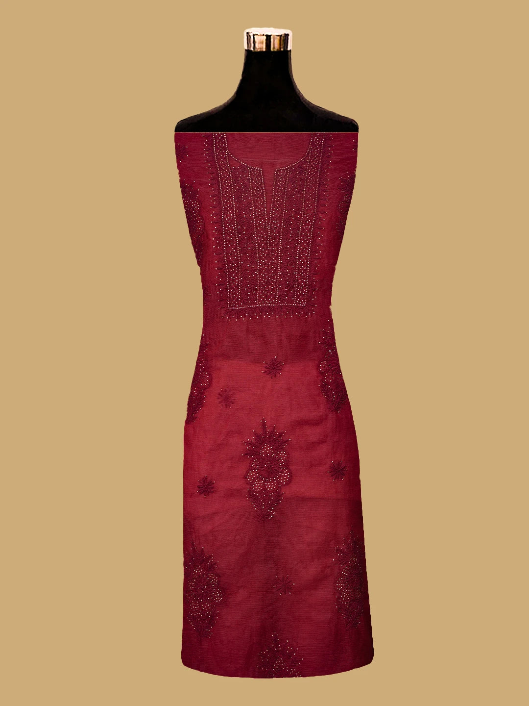Ada Hand Embroidered Red Super Net Lucknowi Chikankari Unstitched Kurta Dupatta Set With Mukaish Work 01A605402