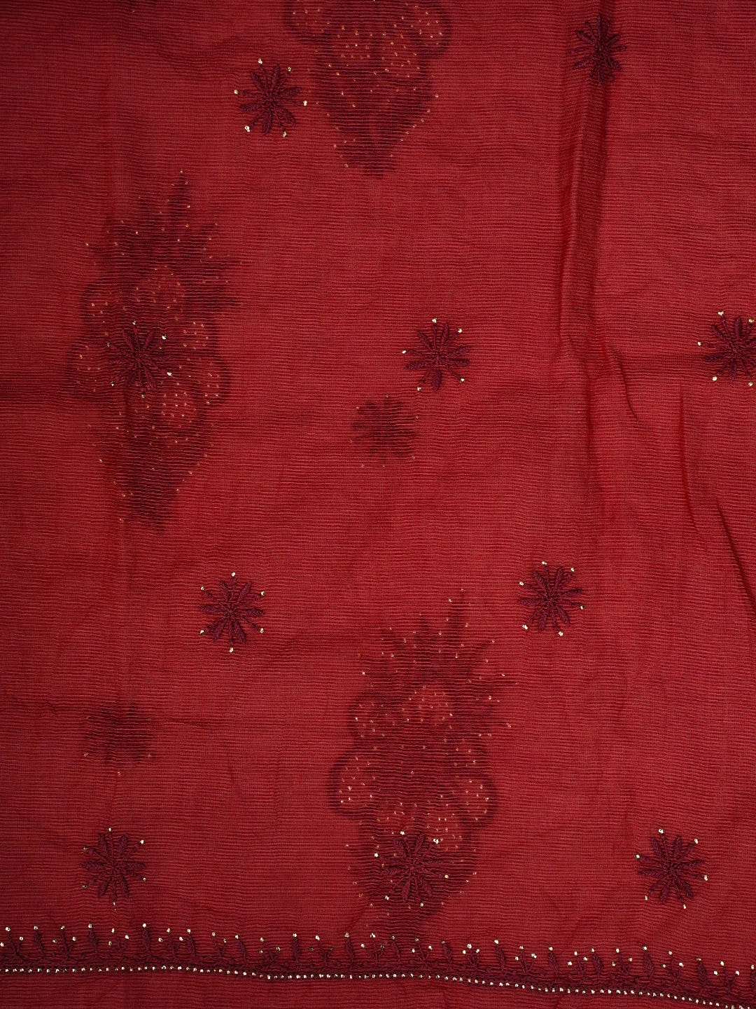Ada Hand Embroidered Red Super Net Lucknowi Chikankari Unstitched Kurta Dupatta Set With Mukaish Work 01A605402