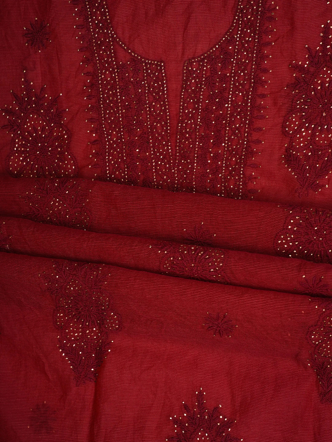 Ada Hand Embroidered Red Super Net Lucknowi Chikankari Unstitched Kurta Dupatta Set With Mukaish Work 01A605402