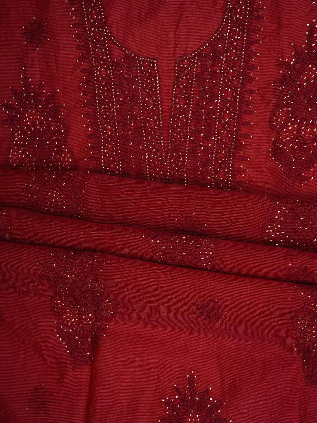 Ada Hand Embroidered Red Super Net Lucknowi Chikankari Unstitched Kurta Dupatta Set With Mukaish Work 01A605402