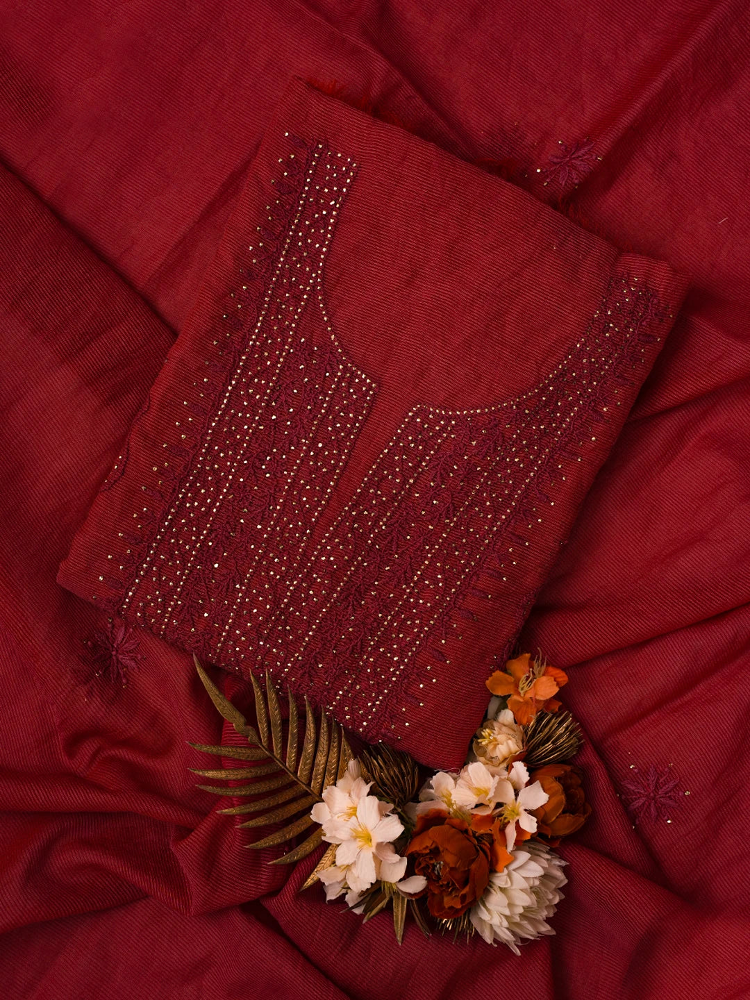 Ada Hand Embroidered Red Super Net Lucknowi Chikankari Unstitched Kurta Dupatta Set With Mukaish Work 01A605402