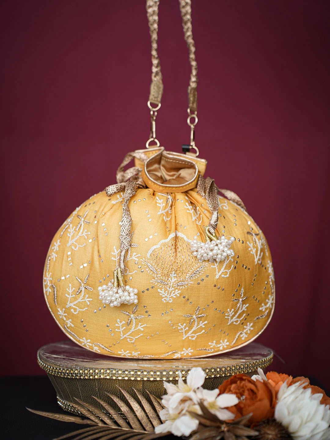 Ada Hand Embroidered Mustard Silk Lucknowi Chikankari Clutch With Zari Work 01A718865