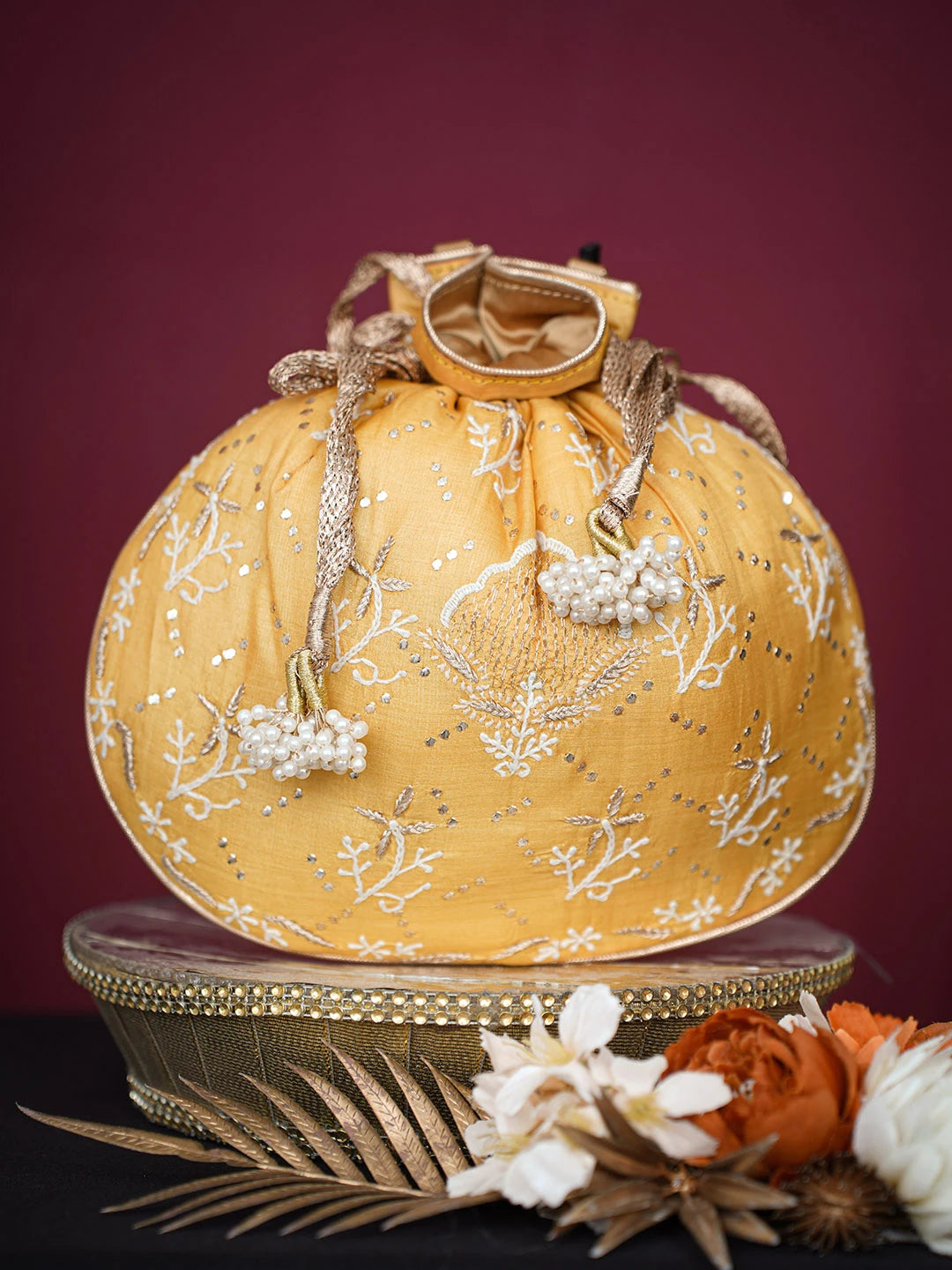 Ada Hand Embroidered Mustard Silk Lucknowi Chikankari Clutch With Zari Work 01A718865
