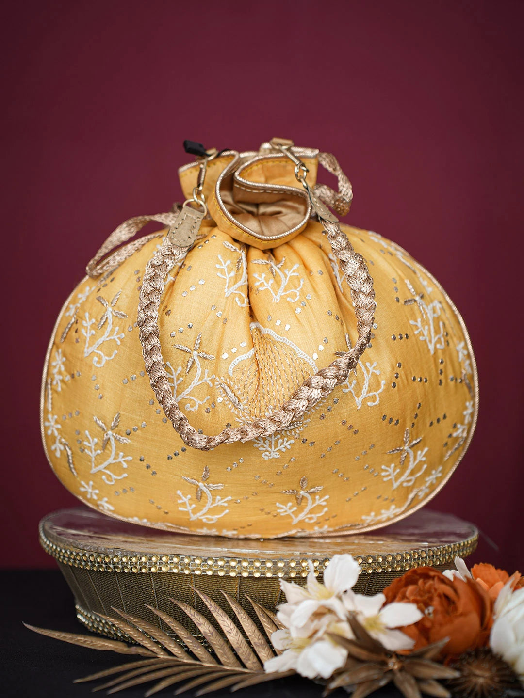 Ada Hand Embroidered Mustard Silk Lucknowi Chikankari Clutch With Zari Work 01A718865