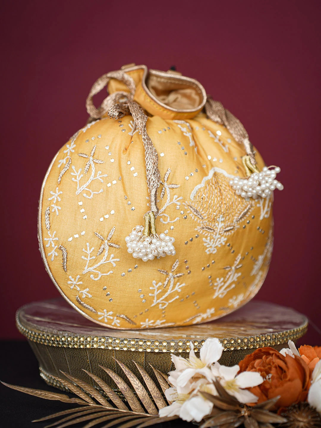 Ada Hand Embroidered Mustard Silk Lucknowi Chikankari Clutch With Zari Work 01A718865