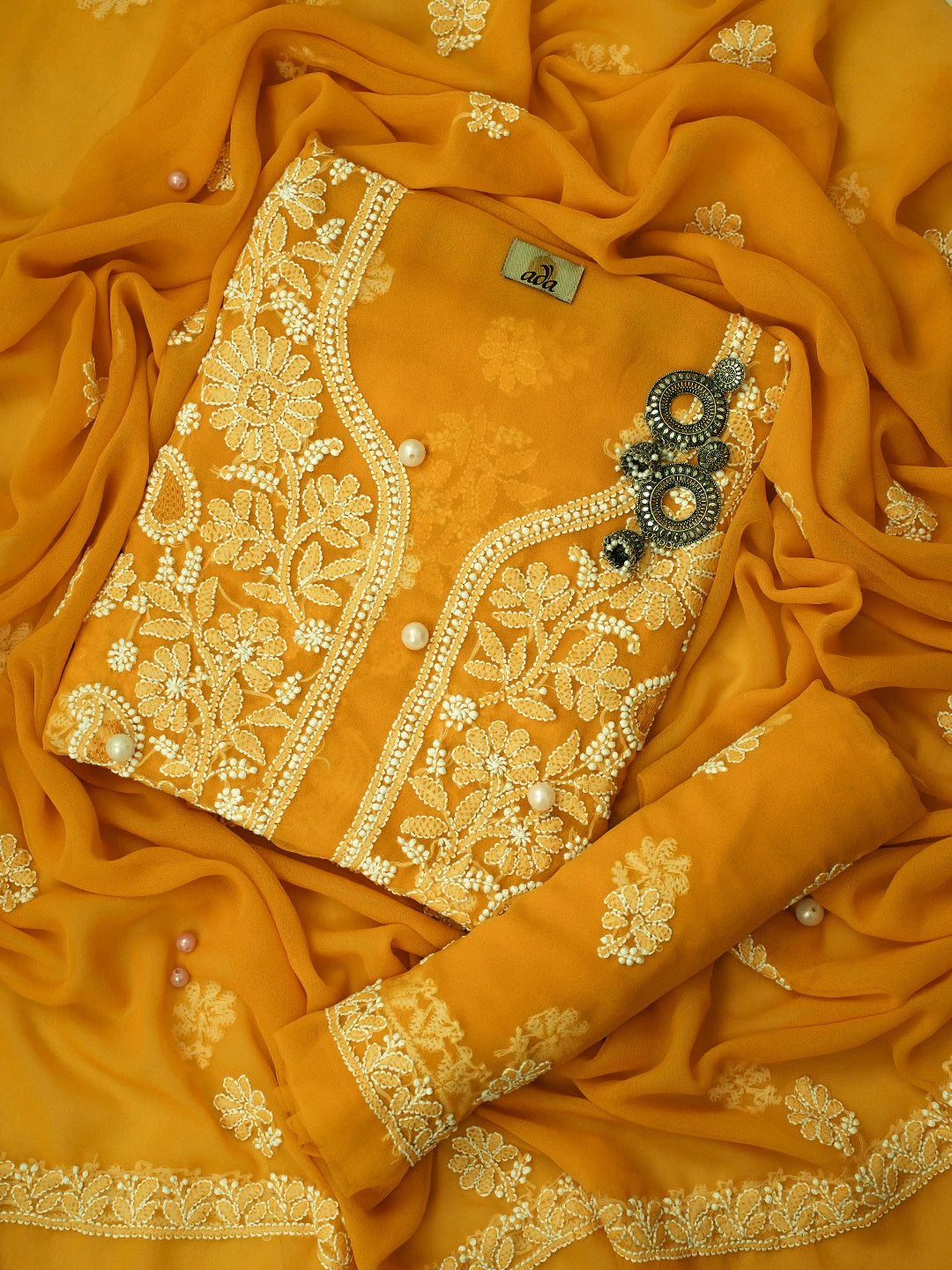 Ada Hand Embroidered Mustard Georgette Lucknowi Chikankari Unstitched Suit Piece A211247