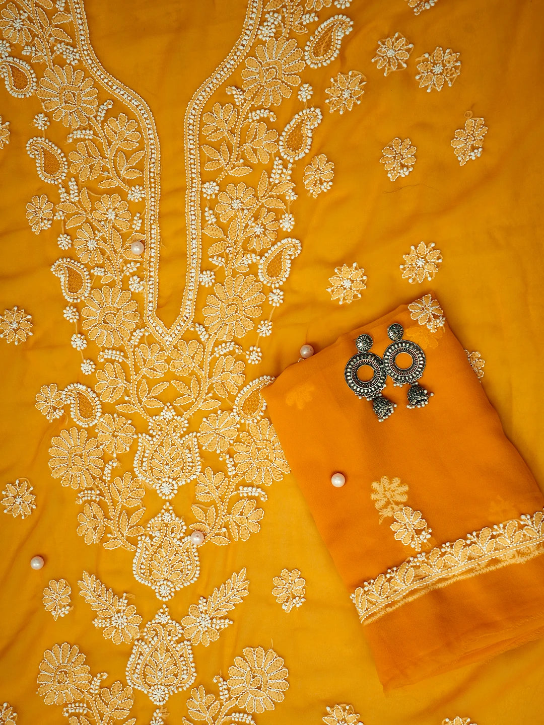 Ada Hand Embroidered Mustard Georgette Lucknowi Chikankari Unstitched Suit Piece A211247