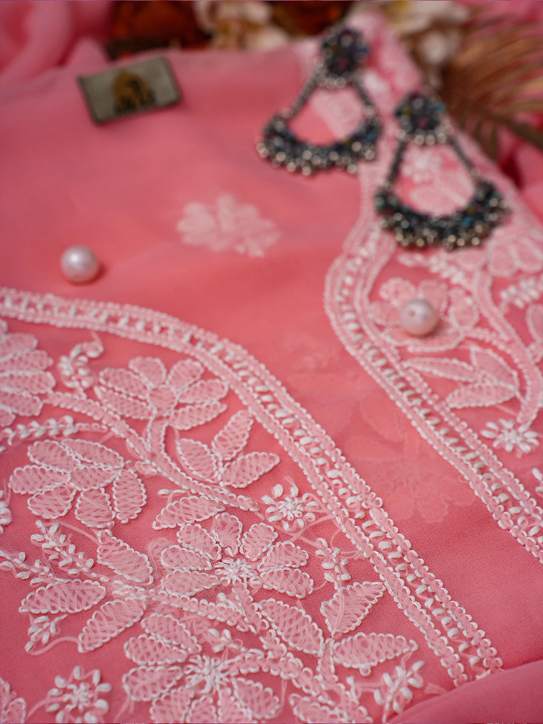 Ada Hand Embroidered Peach Georgette Lucknowi Chikankari Unstitched Suit Piece A211249
