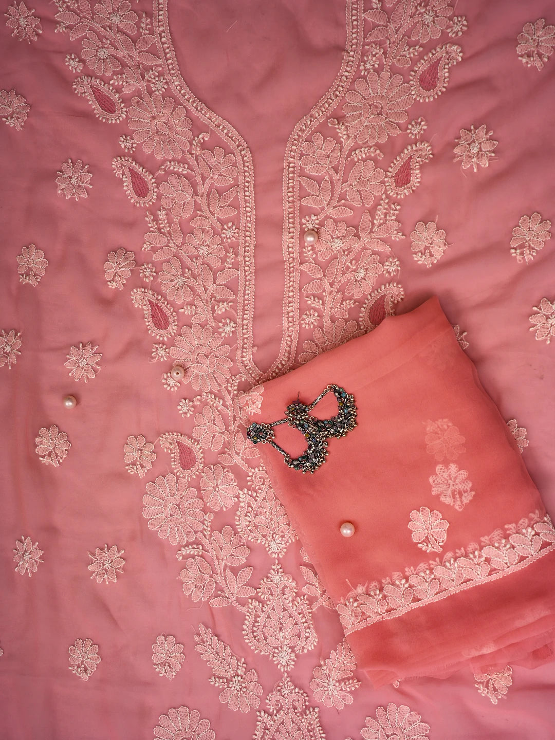 Ada Hand Embroidered Peach Georgette Lucknowi Chikankari Unstitched Suit Piece A211249