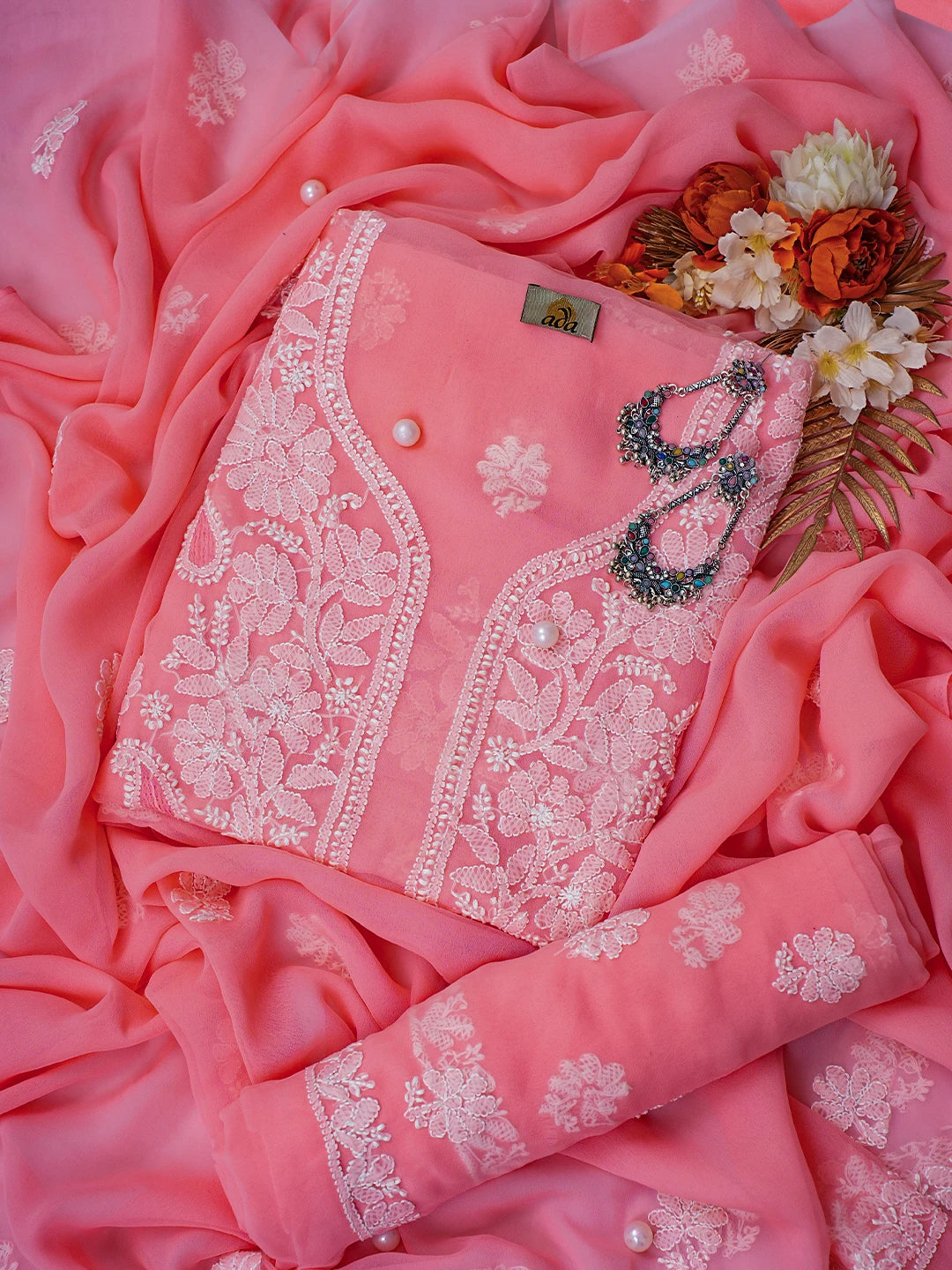 Ada Hand Embroidered Peach Georgette Lucknowi Chikankari Unstitched Suit Piece A211249