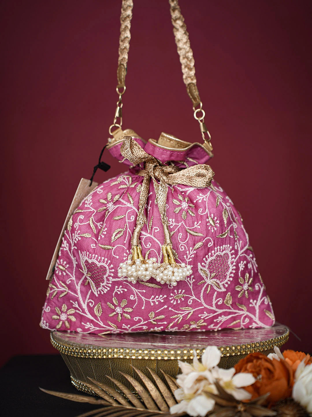 Ada Hand Embroidered Magenta Silk Lucknowi Chikankari Clutch With Zari Work 01A718928