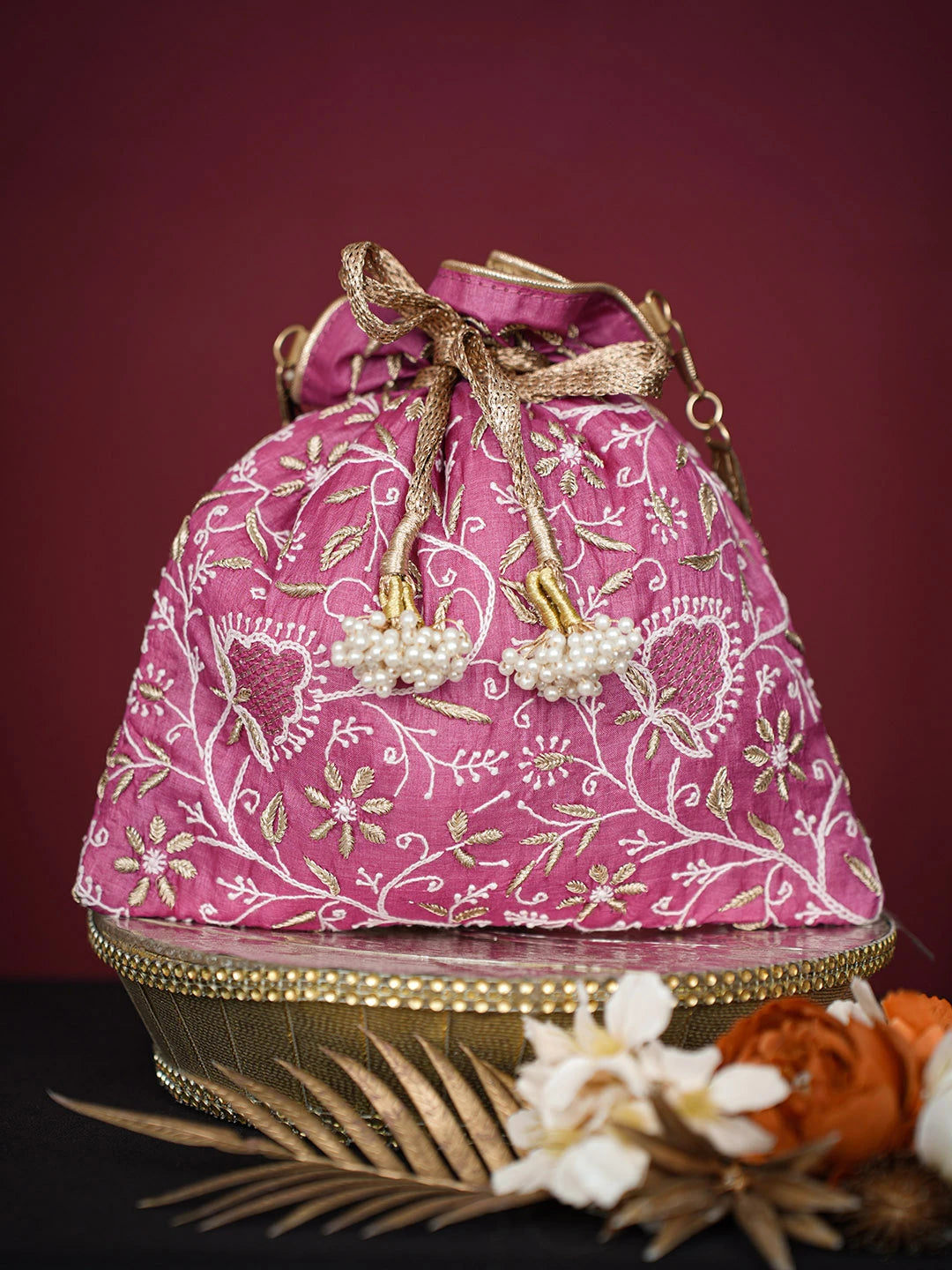 Ada Hand Embroidered Magenta Silk Lucknowi Chikankari Clutch With Zari Work 01A718928