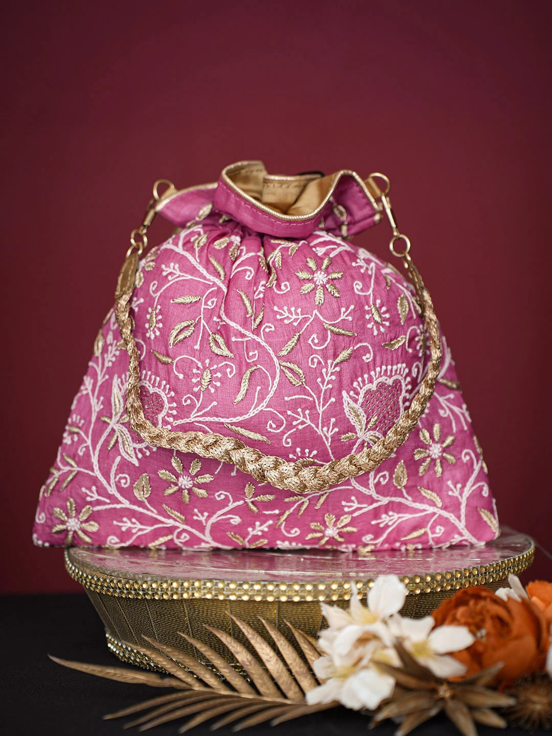 Ada Hand Embroidered Magenta Silk Lucknowi Chikankari Clutch With Zari Work 01A718928