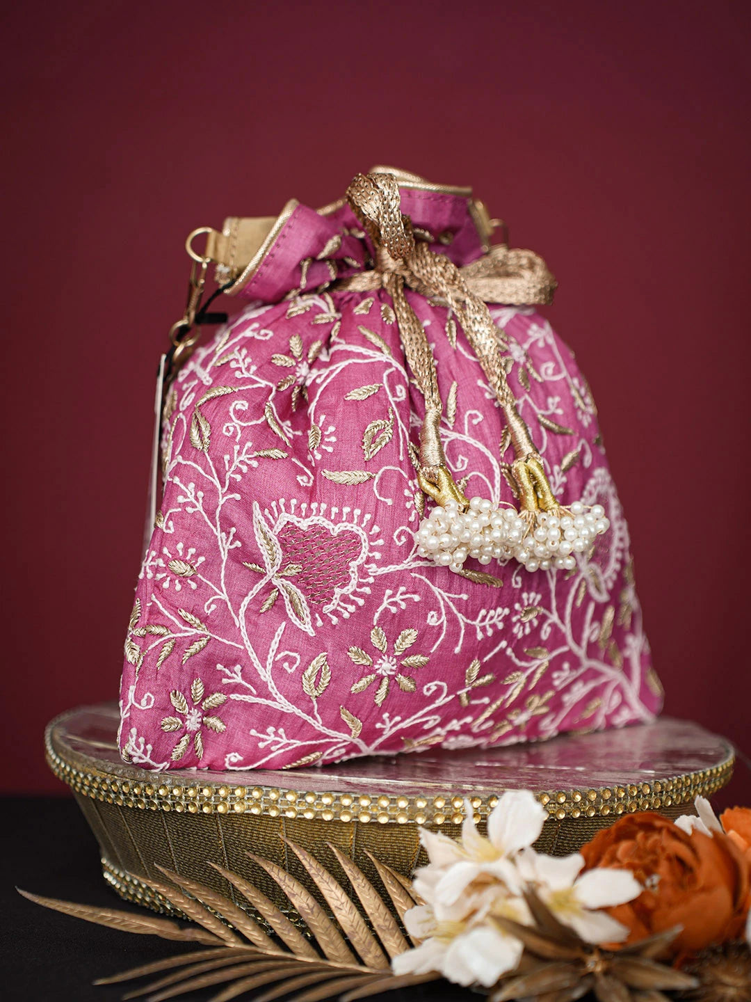 Ada Hand Embroidered Magenta Silk Lucknowi Chikankari Clutch With Zari Work 01A718928