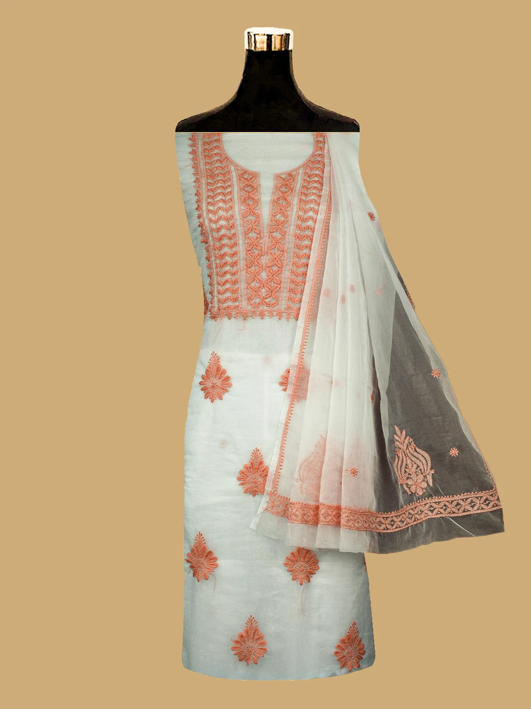 Ada Hand Embroidered Linen White Organza Lucknowi Chikankari Unstitched Kurta Dupatta Set 01A718580
