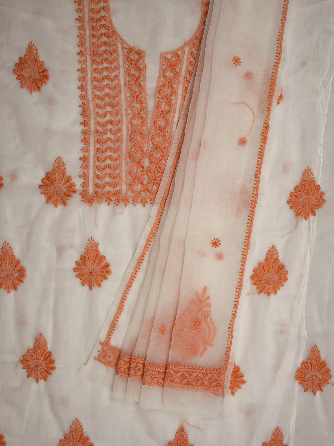 Ada Hand Embroidered Linen White Organza Lucknowi Chikankari Unstitched Kurta Dupatta Set 01A718580
