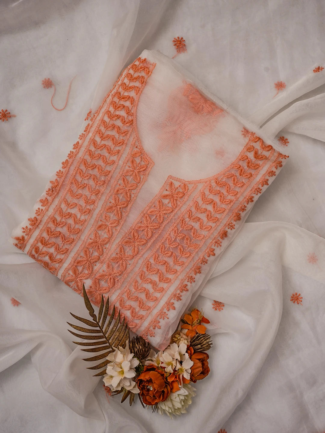 Ada Hand Embroidered Linen White Organza Lucknowi Chikankari Unstitched Kurta Dupatta Set 01A718580