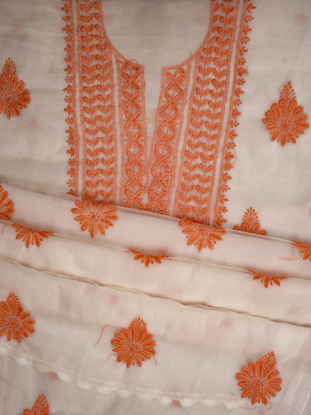 Ada Hand Embroidered Linen White Organza Lucknowi Chikankari Unstitched Kurta Dupatta Set 01A718580
