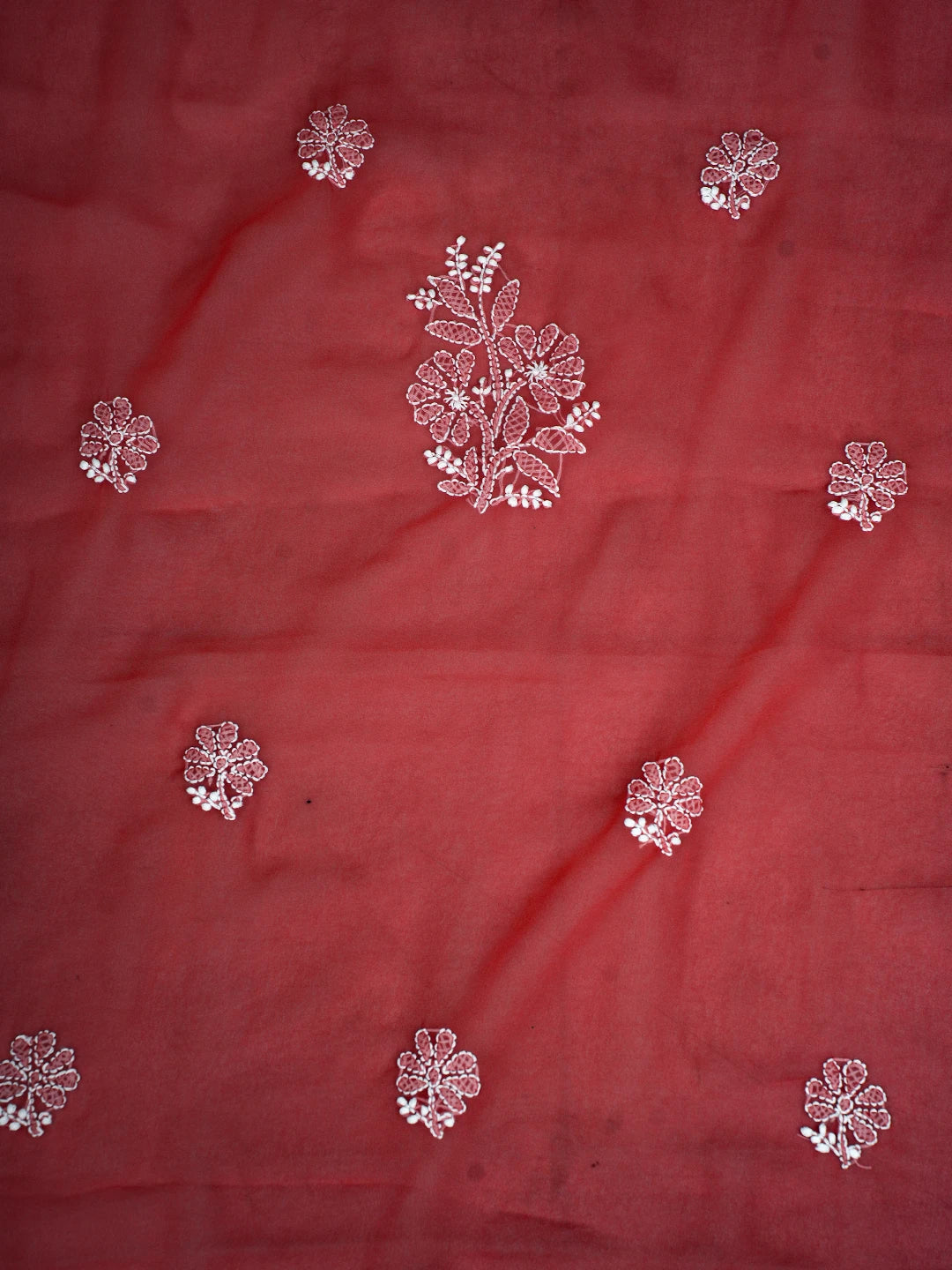 Ada Hand Embroidered Coral Red Georgette Lucknowi Chikankari Unstitched Suit Piece A211250