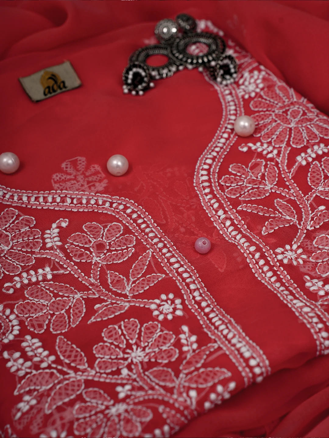 Ada Hand Embroidered Coral Red Georgette Lucknowi Chikankari Unstitched Suit Piece A211250