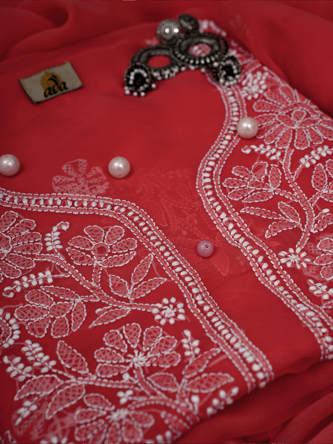 Ada Hand Embroidered Coral Red Georgette Lucknowi Chikankari Unstitched Suit Piece A211250