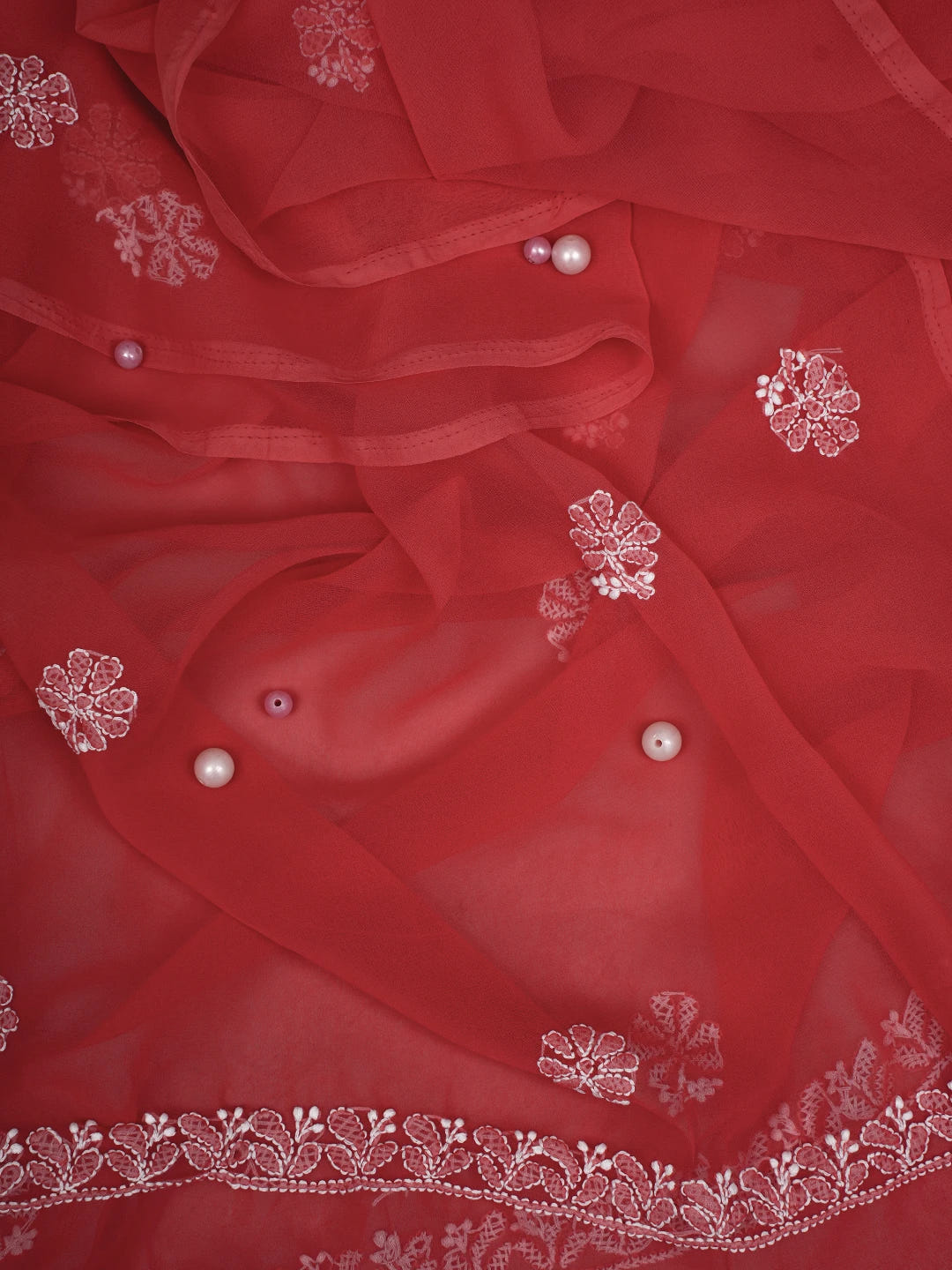 Ada Hand Embroidered Coral Red Georgette Lucknowi Chikankari Unstitched Suit Piece A211250