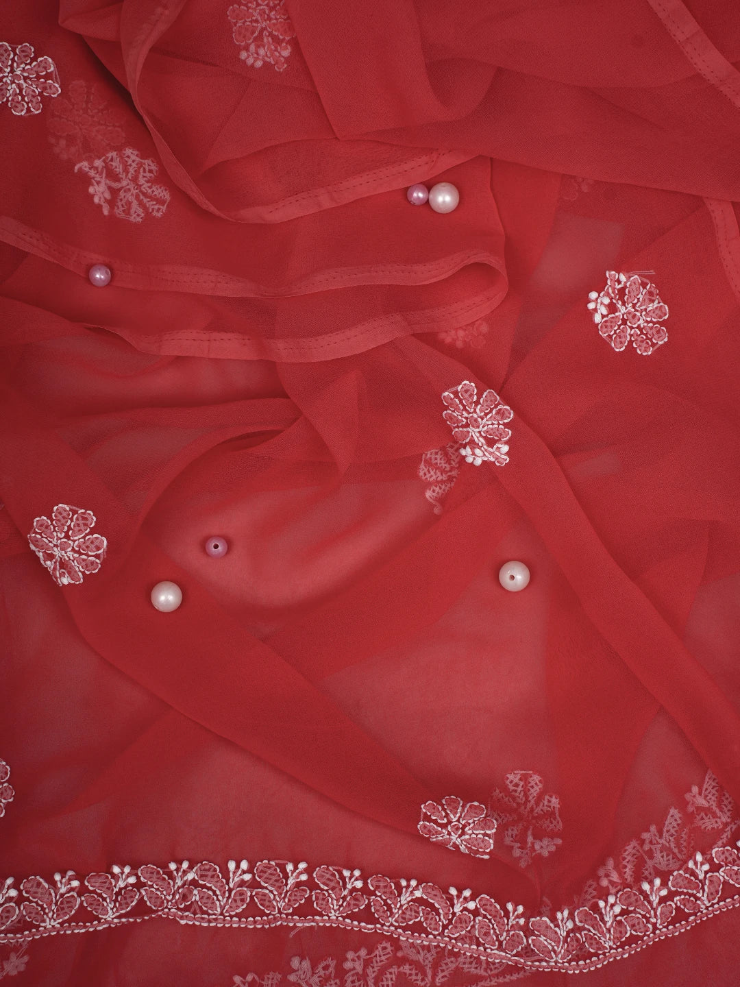 Ada Hand Embroidered Coral Red Georgette Lucknowi Chikankari Unstitched Suit Piece A211250