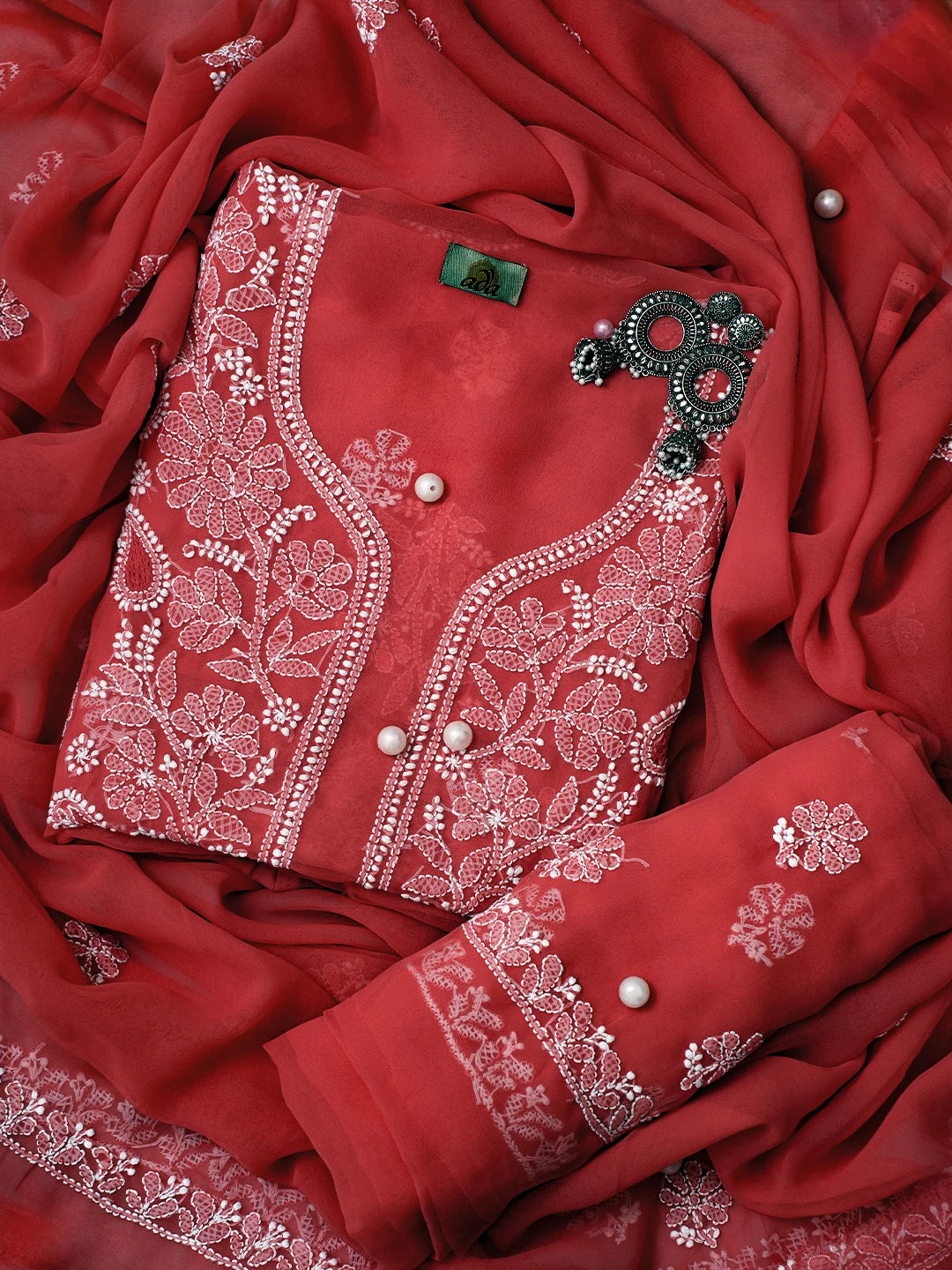 Ada Hand Embroidered Coral Red Georgette Lucknowi Chikankari Unstitched Suit Piece A211250